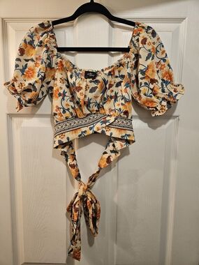 Floral Tie-Front Crop Top - Cream/Yellow